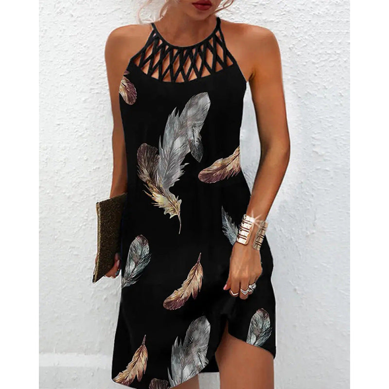 Fashion Print Dress Casual Halterneck Dresses For Women Summer Clothes by null