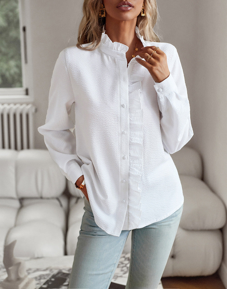 Striped Long Sleeve Shirt Fashion Ruffle Design Button Up Tops Casual Office Blouse Elegant Commuting Women's Clothing by null