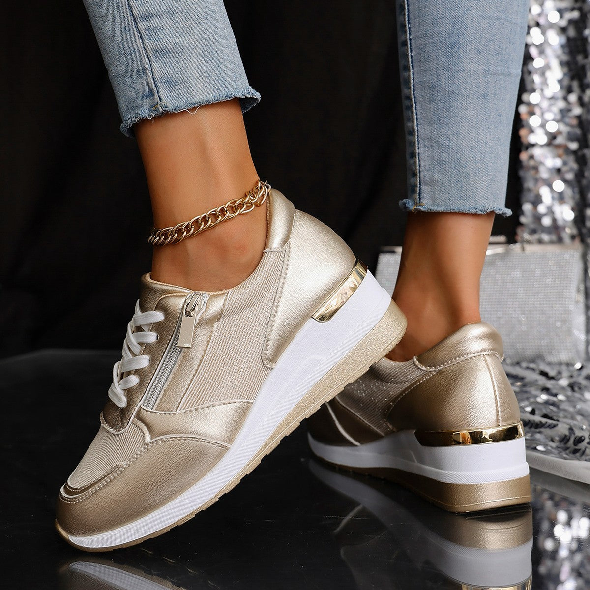Buy Women's Lace-up Casual Shoes FFashion Side Zipper Design Thick-soled Shoes Walking Running Sports Sneakers online at DLC Market