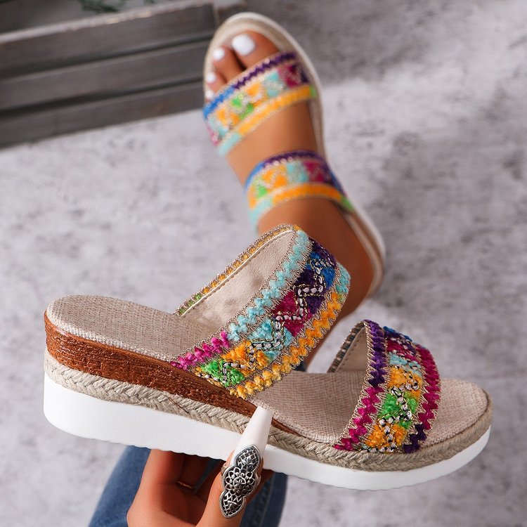 Buy Fashion Wavy Pattern Woven Sandals Summer Casual Ethnic Style Slippers Linen Bottom Wide Strap Wedges Shoes For Women online at DLC Market
