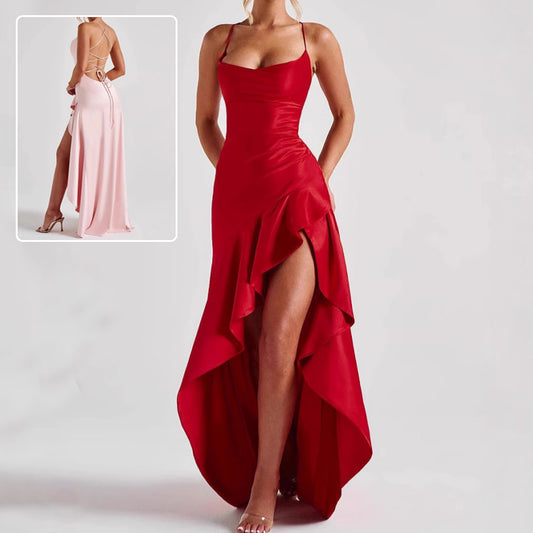 Women's Backless Ruffles Irregular Dress Summer Fashion Evening Party Club Split Suspender Maxi Dresses Clothing by null