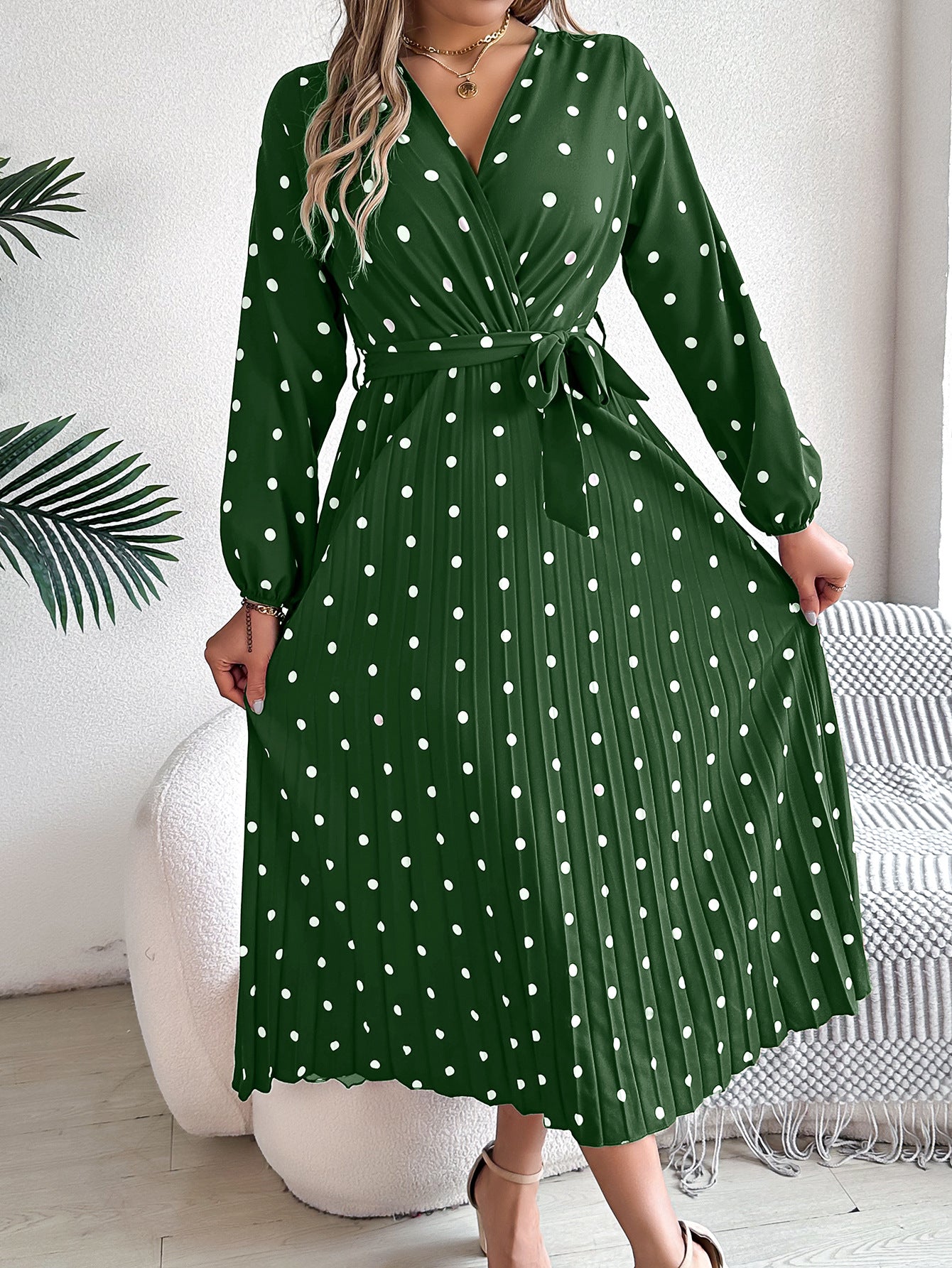 Buy Spring Summer Elegant Long Dress Cross V-Neck Contrast Polka Dot Long Sleeve Pleated Bridesmaid Dresses online at DLC Market