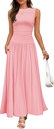 Buy Women's Summer Sleeveless Maxi Dress Casual Round Neck Pleated Elegant Maxi Dress With Pockets online at DLC Market