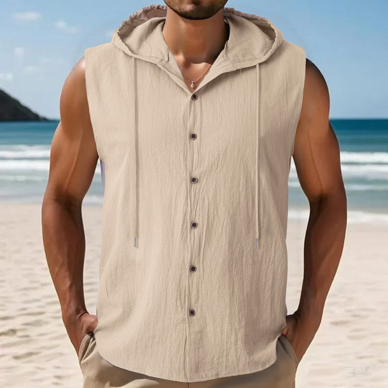 Mens Sleeveless Linen Hooded Shirt by null