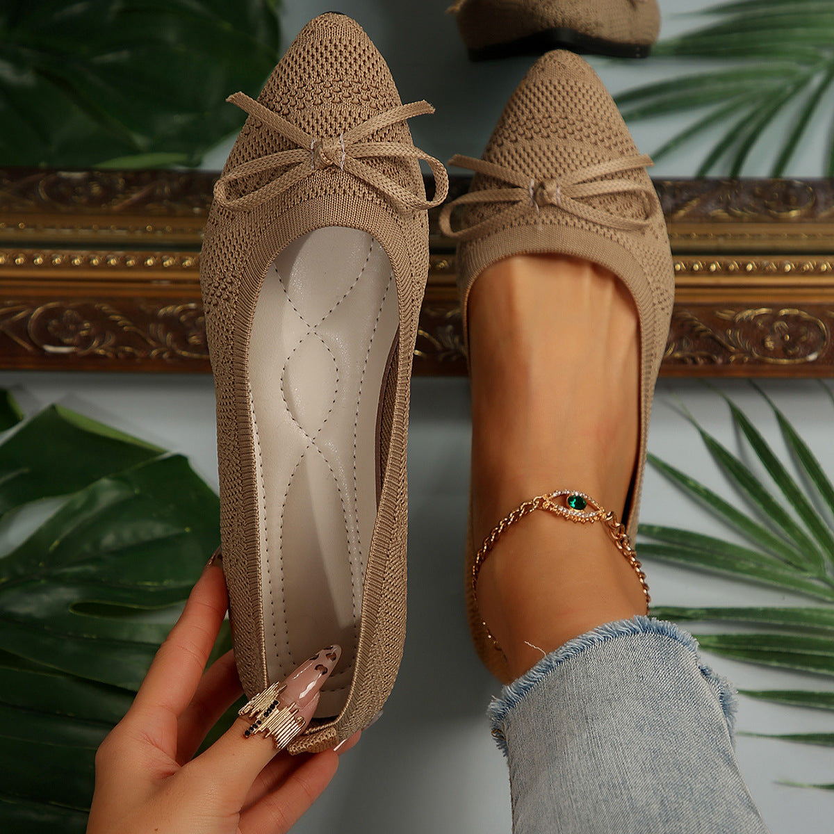 Buy Bow Knitted Loafers Ins Fashion Pointed-toed Flats Shoes For Women online at DLC Market
