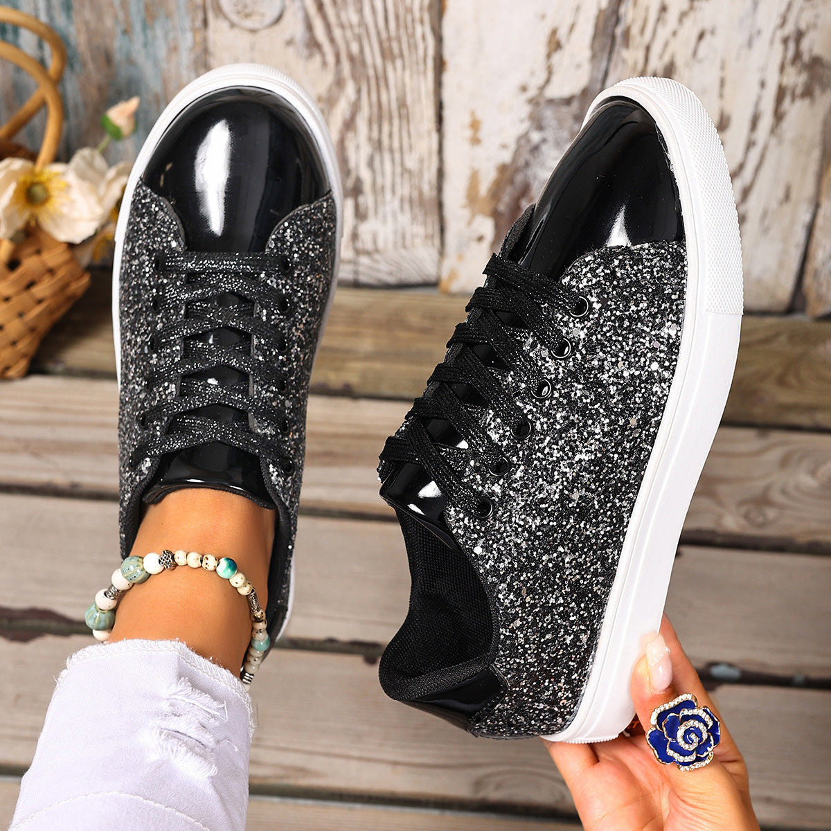 Buy Plus Size Sequined Front Lace-up Solid Color Plus Size Board Shoes online at DLC Market