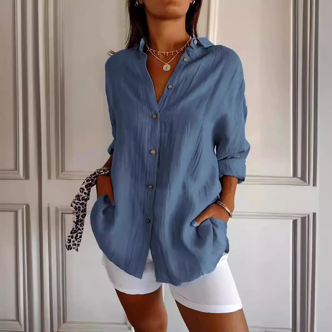 Lapel Long Sleeve Shirt Women's Single-breasted Pleated Shirt Tops Clothing by null