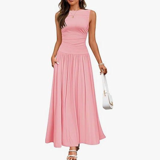 Buy Women's Summer Sleeveless Maxi Dress Casual Round Neck Pleated Elegant Maxi Dress With Pockets online at DLC Market