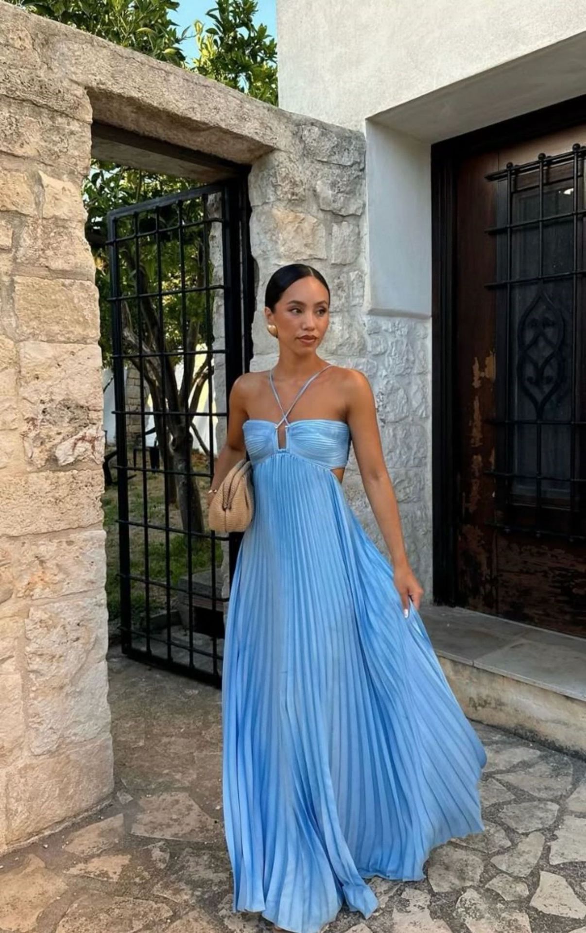 Ins Pleated Sleeveless Sling Dress Hollow High Waist Halter Robe Dresses For Evening Party Club Clothing Women by null