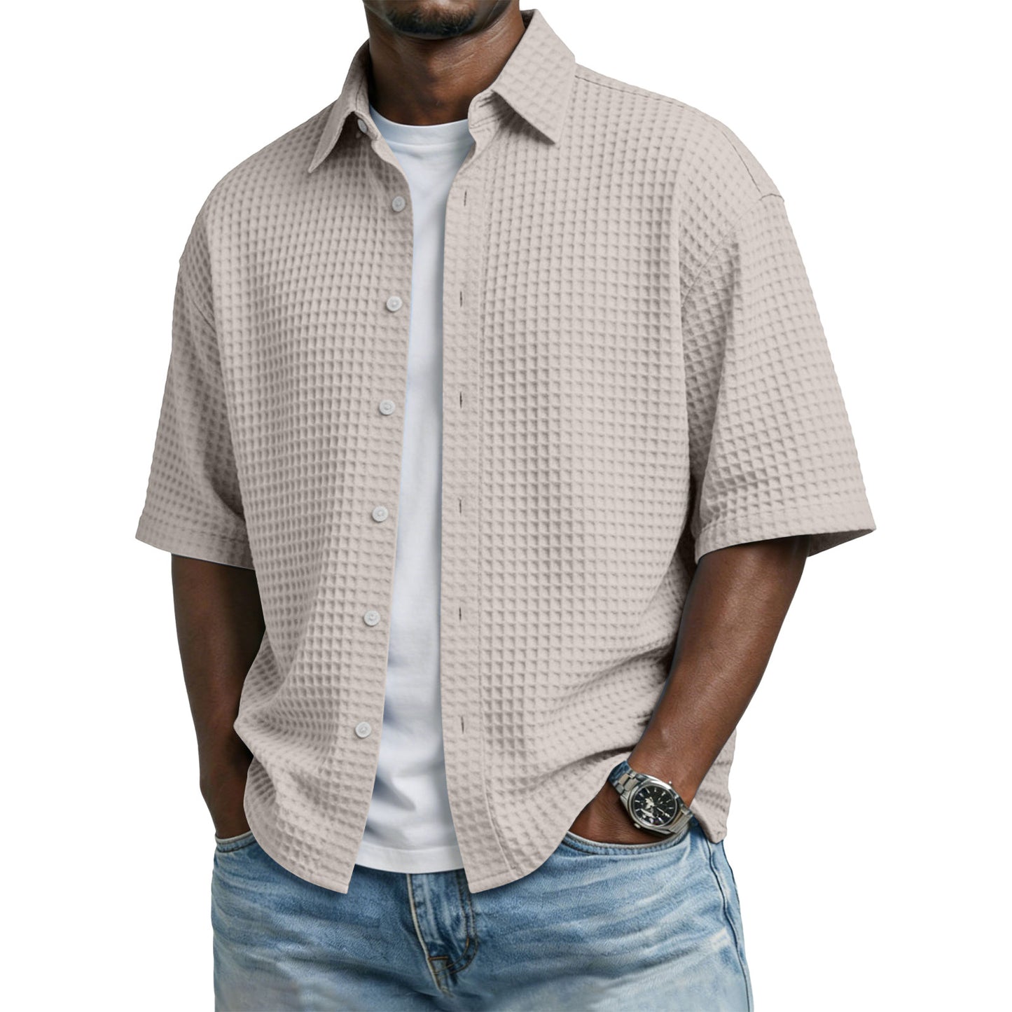 Men's Solid-Colored Waffle-Weave T-Shirt With Lapel Collar by null