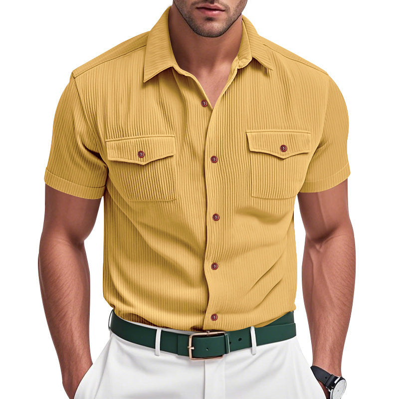 Loose Heavy Lapel Corduroy Workwear Short Sleeve Shirt by null