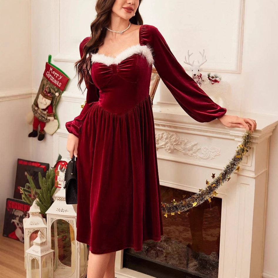 Wine Red Velvet Dress For Women Vintage Christmas Party Long Sleeve Lantern Sleeve With Elegant Slimming Waist by null
