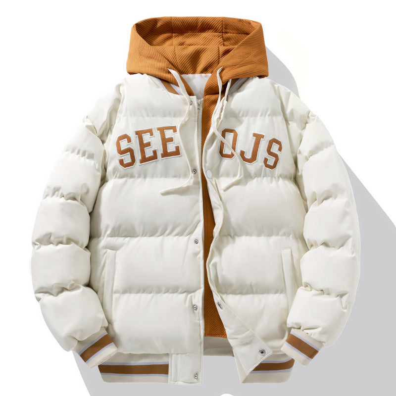 Fashion Letter Hooded Cotton Coat Winter Warm Solid Zipper Jacket For Men Teenagers Clothing by null
