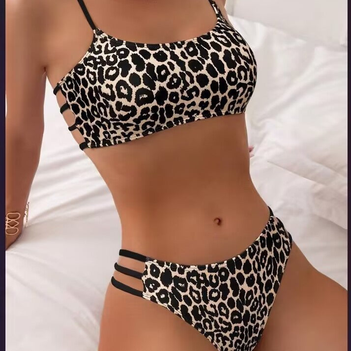 Leopard Print Contrast Color Push Up Tight Split Swimsuit by null