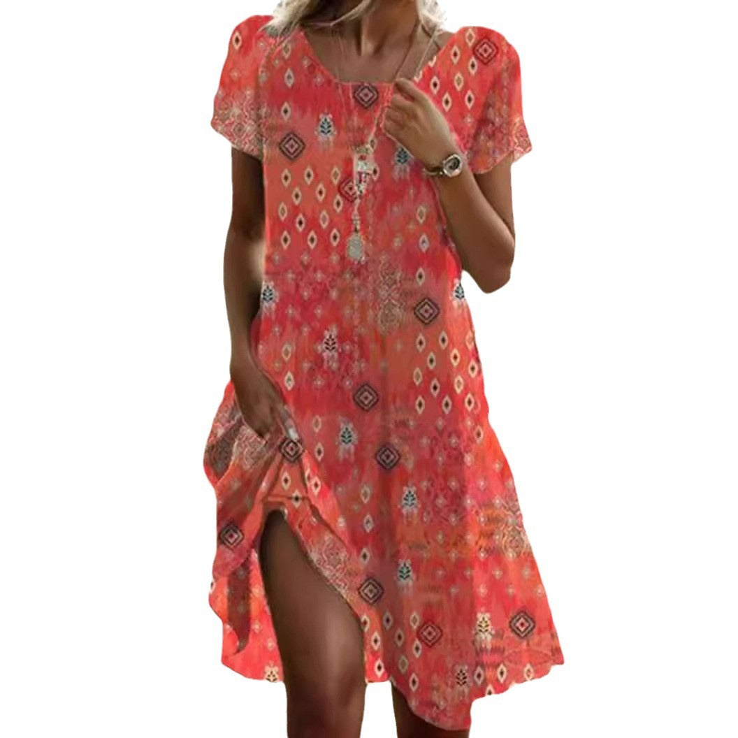 Women's Artistic Ethnic Style Scoop Mid-length Dress by null