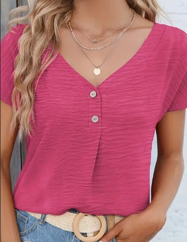 Buy Solid Button Front Blouse, Casual V Neck Short Sleeve Blouse For Spring & Summer, Women's Clothing online at DLC Market