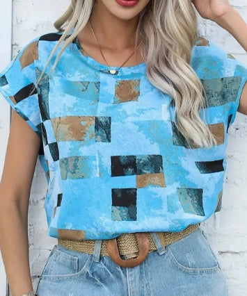 Buy Women's Chic Geometric Aztec Print T-Shirt - Casual Crew Neck, Durable Non-Stretch Fabric, Ideal For Summer Wear online at DLC Market