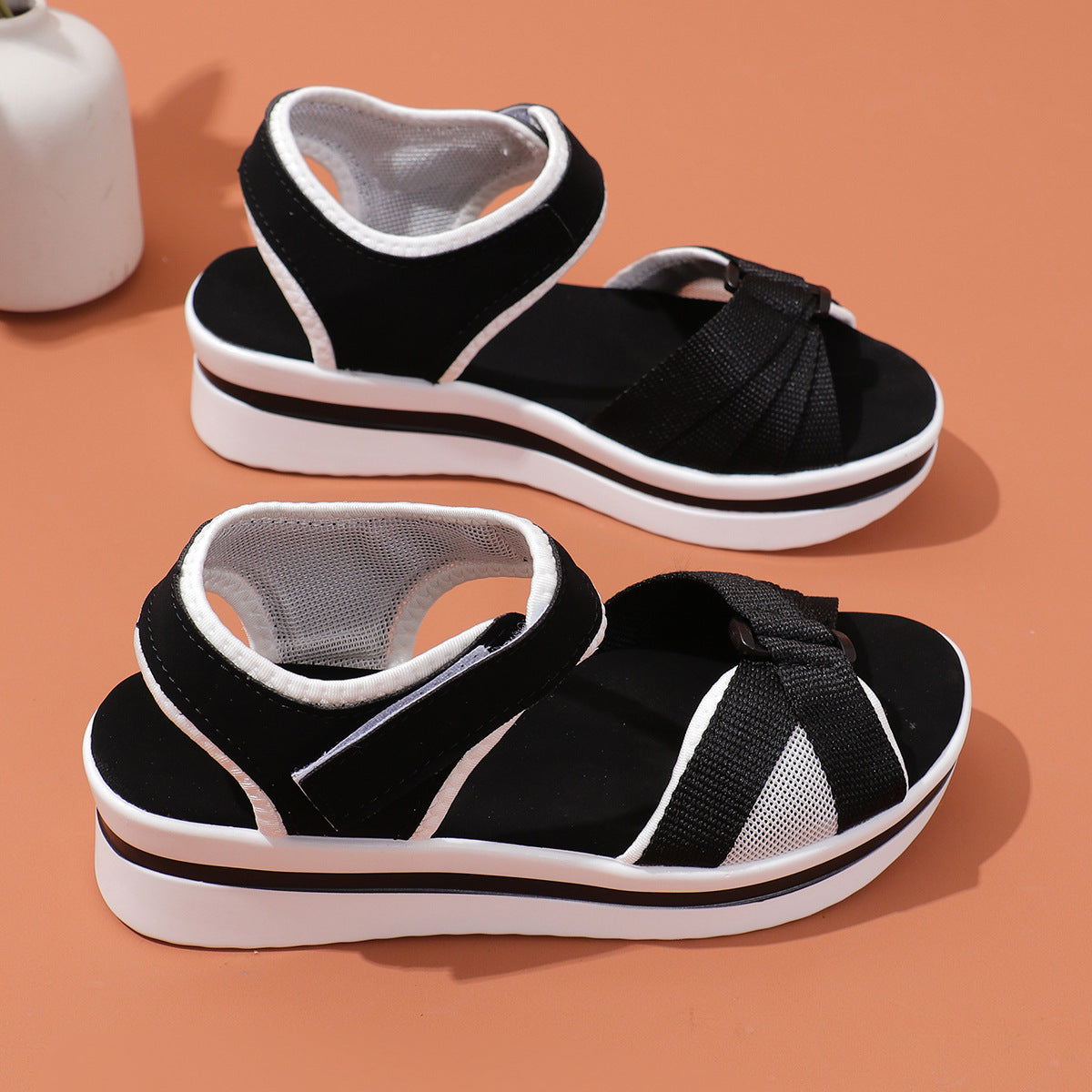 Buy Summer Mesh Cross-strap Sandals With Velcro-design Thick Sole Flats Beach Shoes Women online at DLC Market