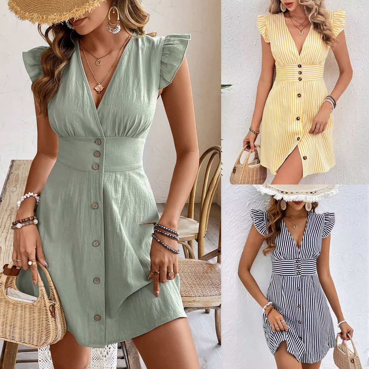 Buy Summer V-neck Single-breasted Fly-sleeve Women's Shirt Dresses With Elegant Splicing Stripe Printing Beach Style Dress online at DLC Market