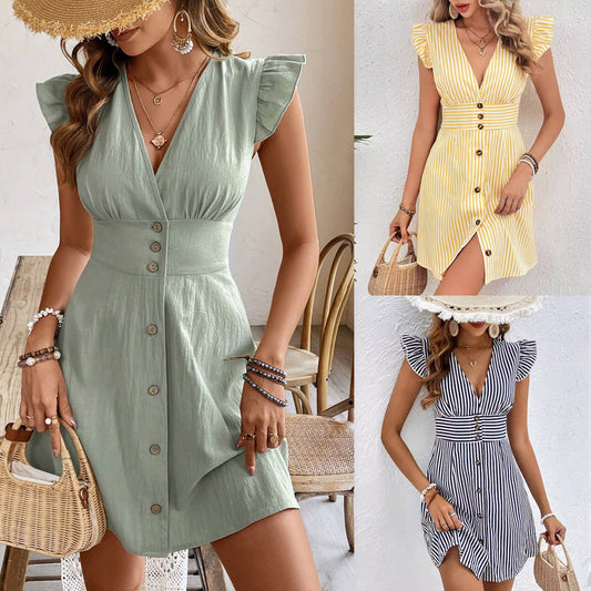 Buy Summer V-neck Single-breasted Fly-sleeve Women's Shirt Dresses With Elegant Splicing Stripe Printing Beach Style Dress online at DLC Market