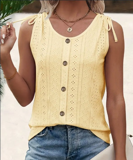 Buy Eyelet Button Front Tank Top, Casual Sleeveless Tank Top For Summer, Women's Clothing online at DLC Market