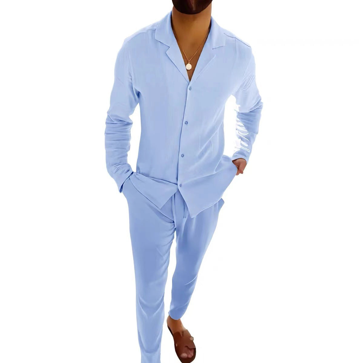 Casual Long-sleeved Suits Fashion Lapel Single-breasted Shirt Top And Slim-fit Trousers Men Clothing by null