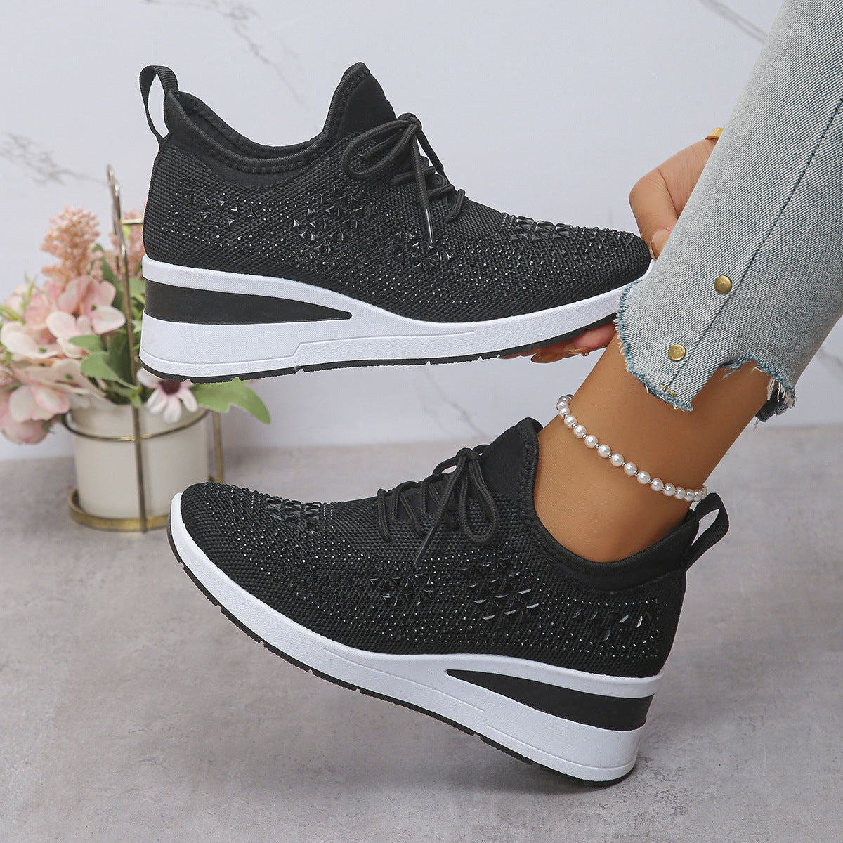 Buy Ins Rhinestone Sneakers Fashion Lace Up Wedges Casual Shoes Women's Daily Commuting Sports Shoes online at DLC Market