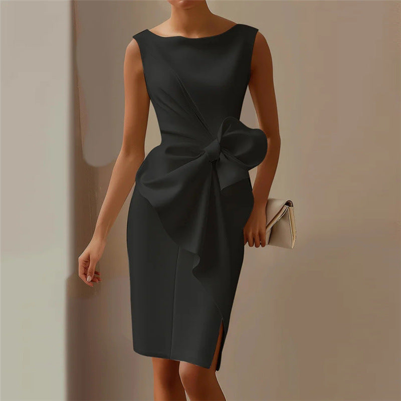 Fashion Bowknot Dress Solid Color Elegant Slim Sleeveless Dresses Women's Casual Office Party Clothing by null