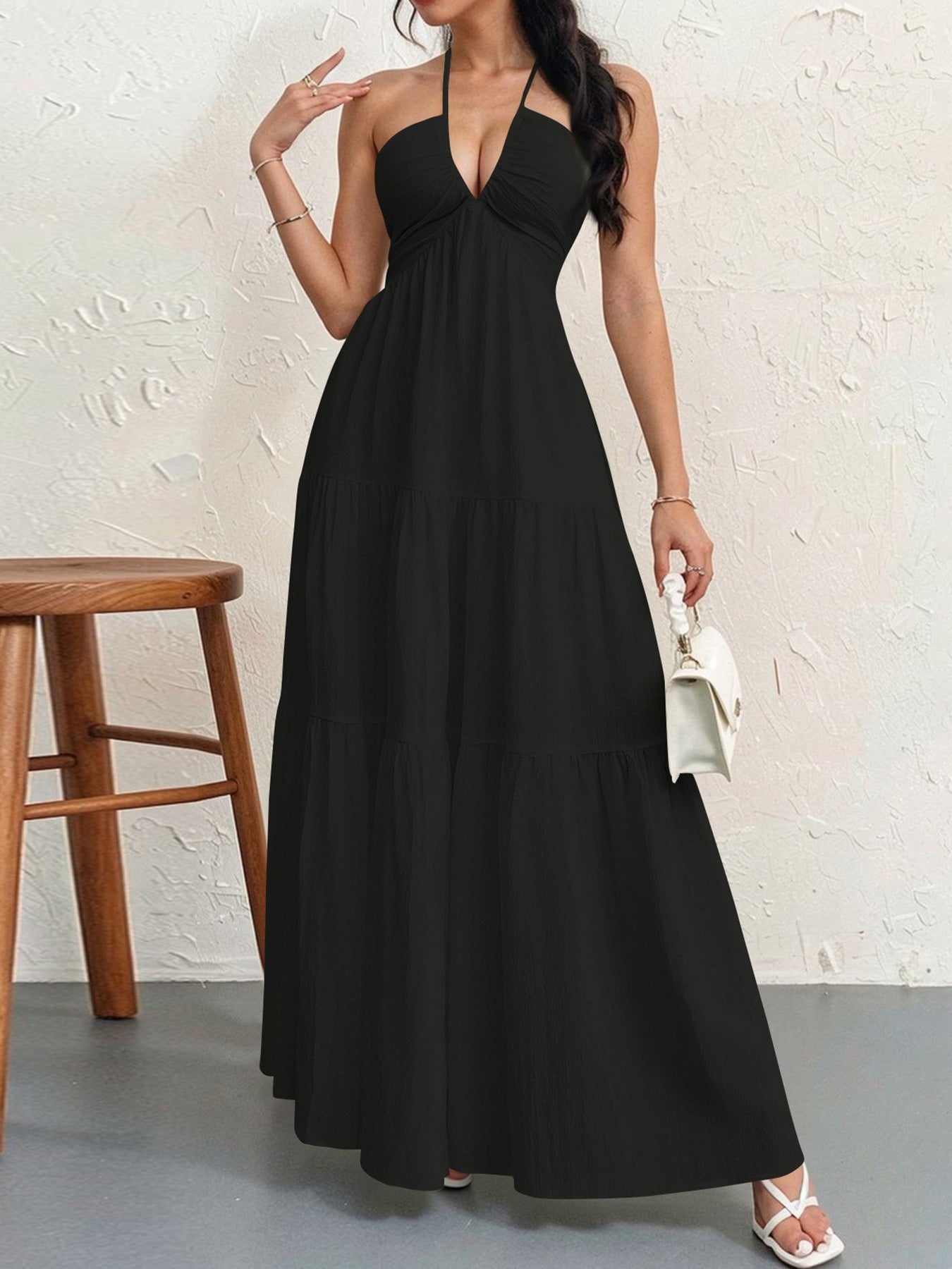 Backless Halterneck V-Neck Pleated A- Line Dress Women's Clothing One-Piece Dress Ankle-length Skirt For Beach Vacation Outfits by null