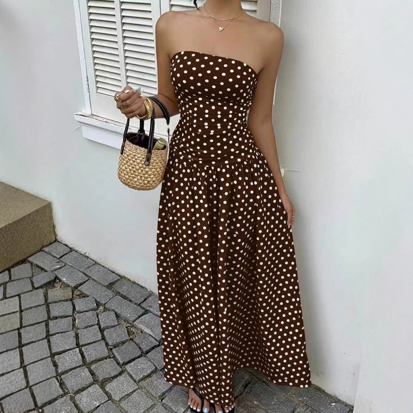 Elegant Polka-dot Off-shoulder Dresses Solid Color Strapless Lady High-waist Robe Commuting Party Business Beach Holiday Outfit by null