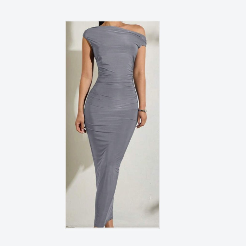 Buy Summer New Elegant Party Daily Date Oblique Shoulder One-Shoulder Off-Shoulder Front Pleated Slim Long Skirt Wavy Texture White Women's Dress online at DLC Market