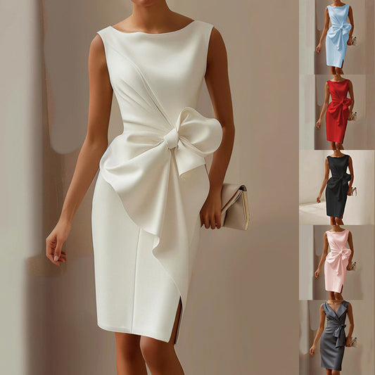 Fashion Bowknot Dress Solid Color Elegant Slim Sleeveless Dresses Women's Casual Office Party Clothing by null