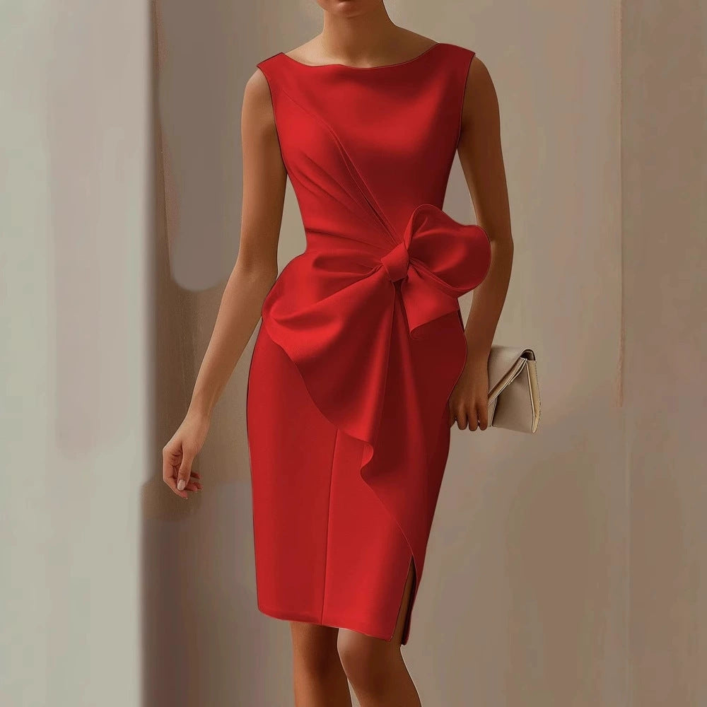 Fashion Bowknot Dress Solid Color Elegant Slim Sleeveless Dresses Women's Casual Office Party Clothing by null