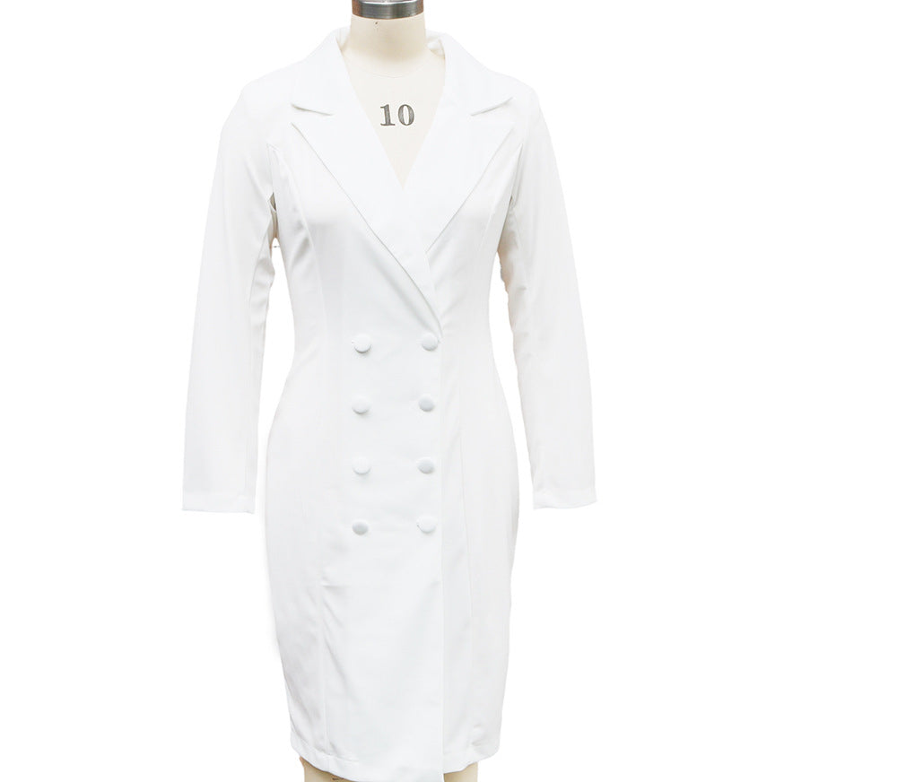 Double Breasted Blazer Dress for Women Slim Fit Hip Wrapped Design Lapel Long Sleeve Office Outwear by null