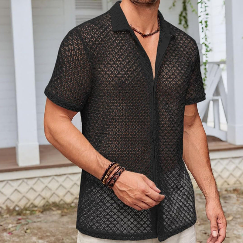 Summer Mesh Short Sleeve Shirt Fashion Solid Color Lapel Shirt Tops Beach Men Clothing by null