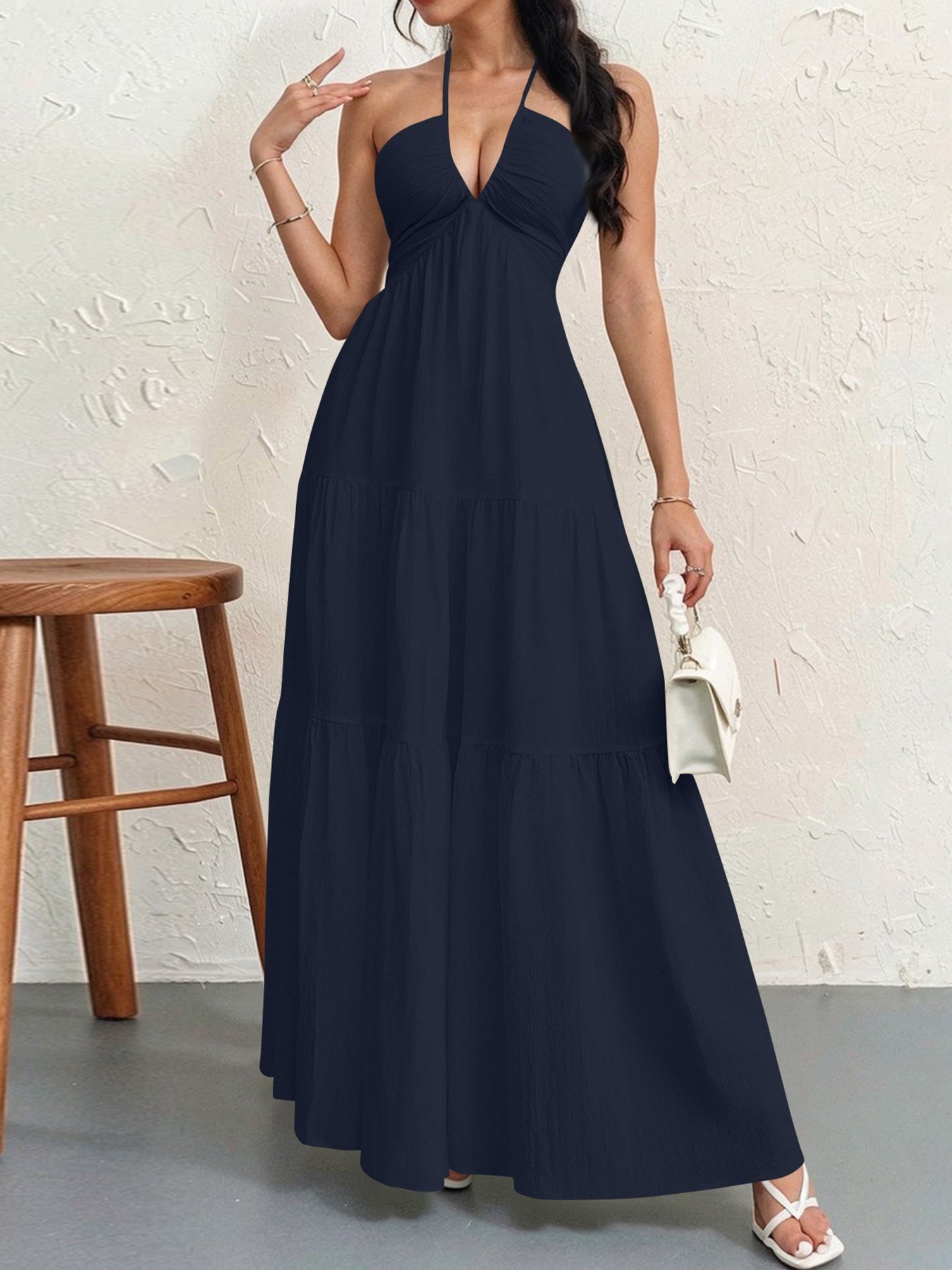 Backless Halterneck V-Neck Pleated A- Line Dress Women's Clothing One-Piece Dress Ankle-length Skirt For Beach Vacation Outfits by null