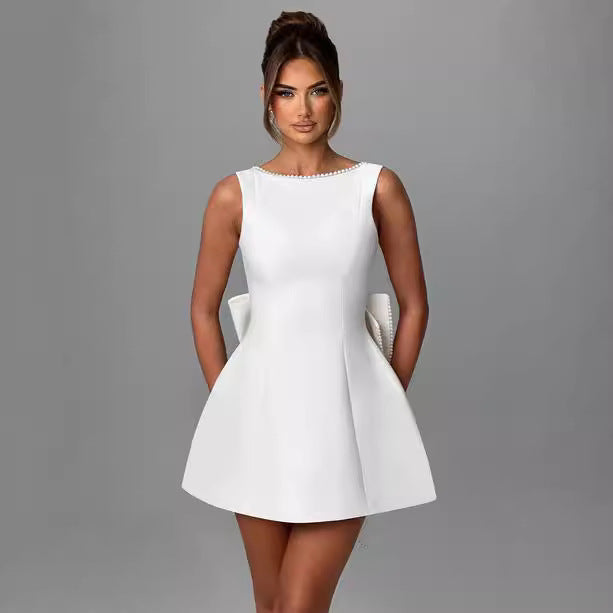 Fashion Big-Bowed Pearls Backless Dress Summer Slim Sleeveless A-line Dresses For Party Evening Women's Clothing by null