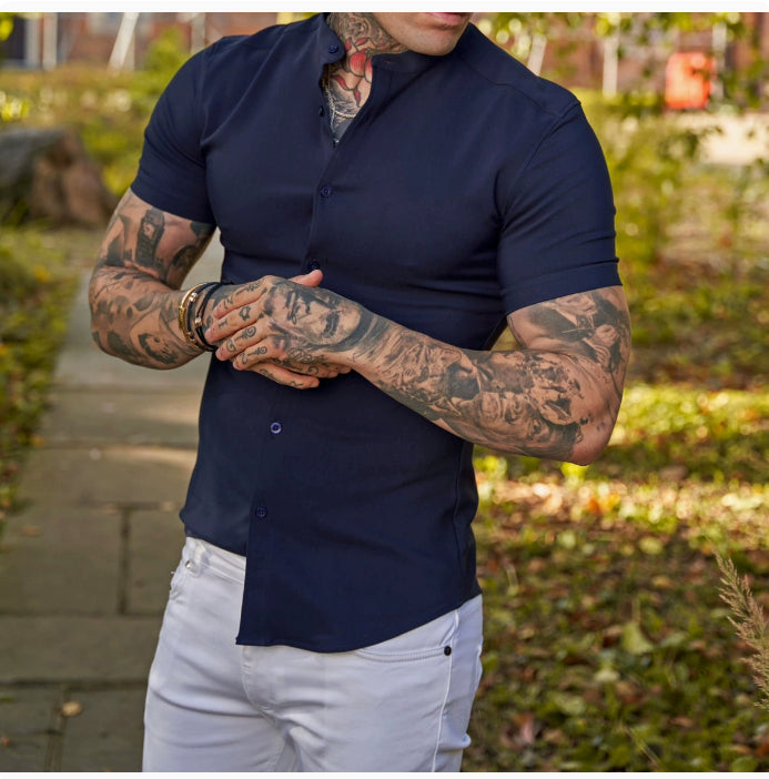 Slim Fit Short Sleeve Shirt Summer Men's Solid Color Casual Tops by null