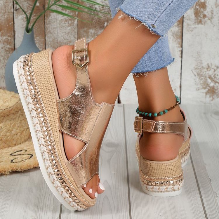 Buy Summer Shiny Sandals Hollow Design Fish Mouth Sandal For Women Fashion Buckle Wedges Shoes online at DLC Market