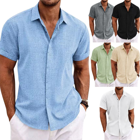 Men's Solid Color Loose Linen Short-sleeved T-shirt by null