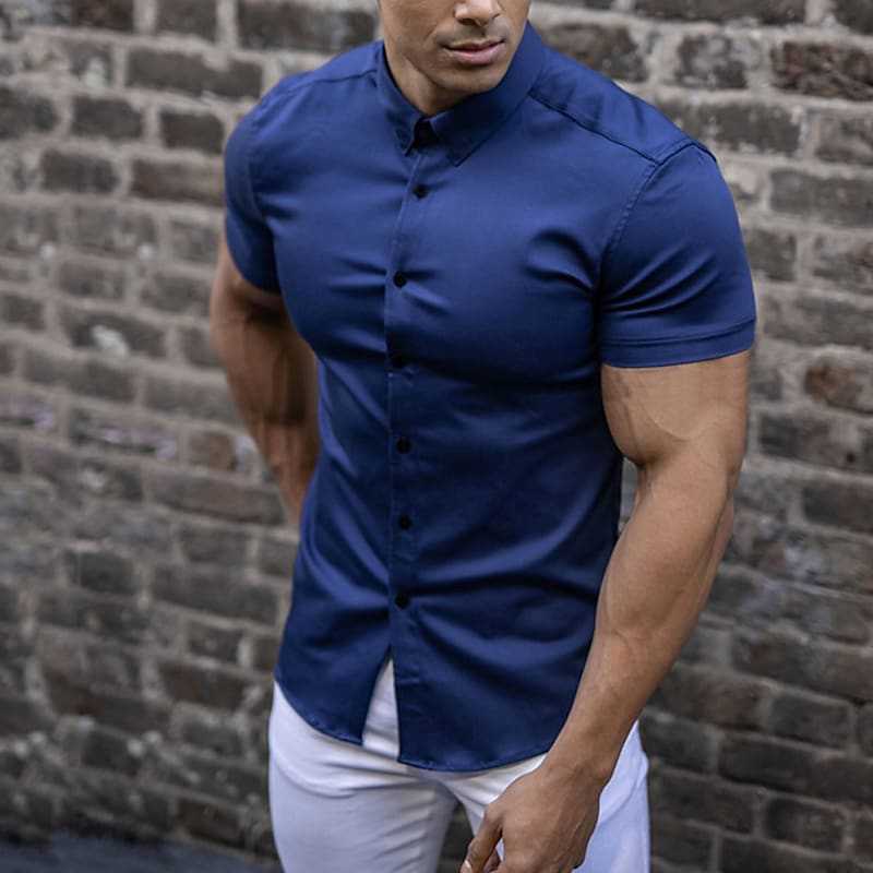 Slim Fit Short Sleeve Shirt Summer Men's Solid Color Casual Tops by null