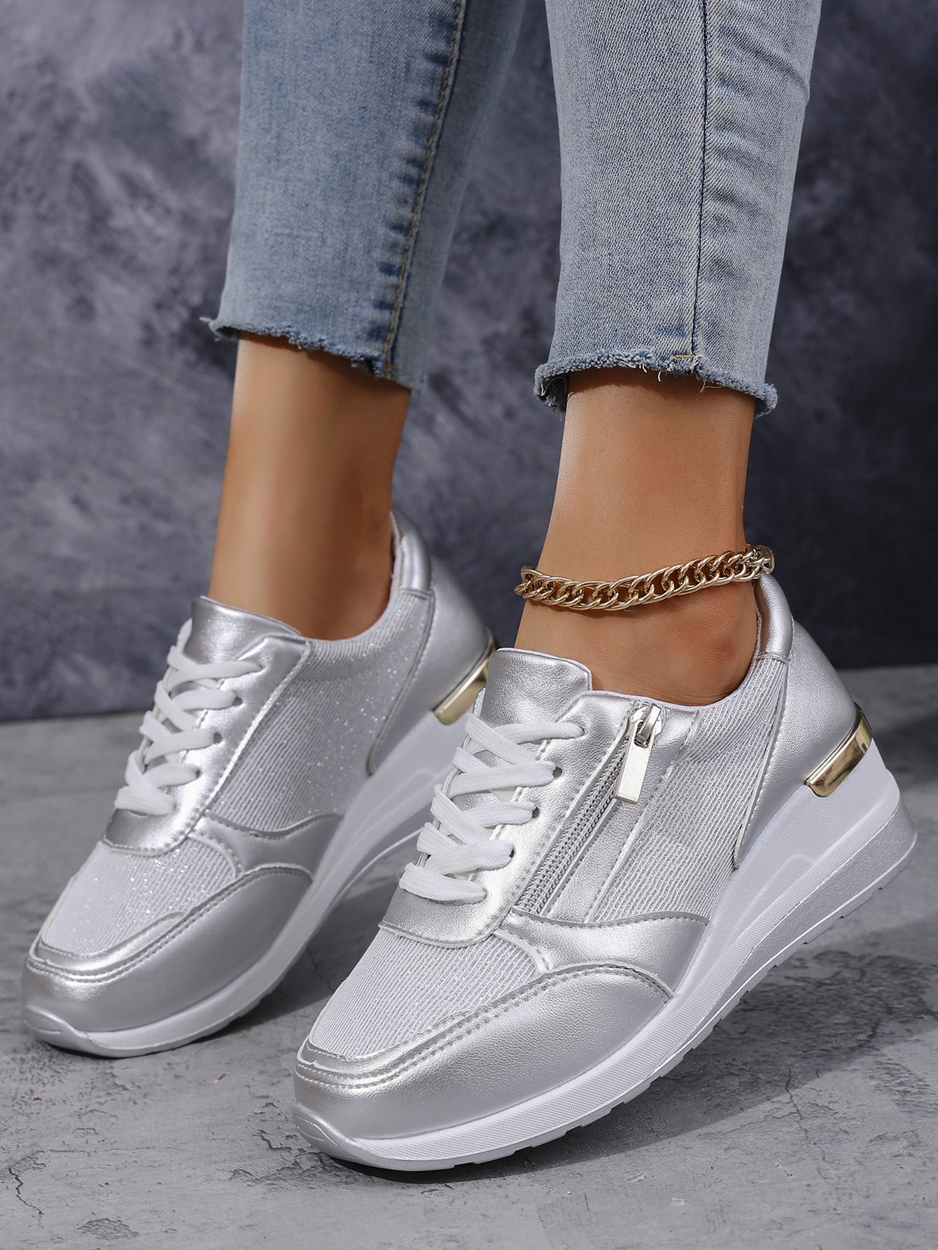 Buy Women's Lace-up Casual Shoes FFashion Side Zipper Design Thick-soled Shoes Walking Running Sports Sneakers online at DLC Market