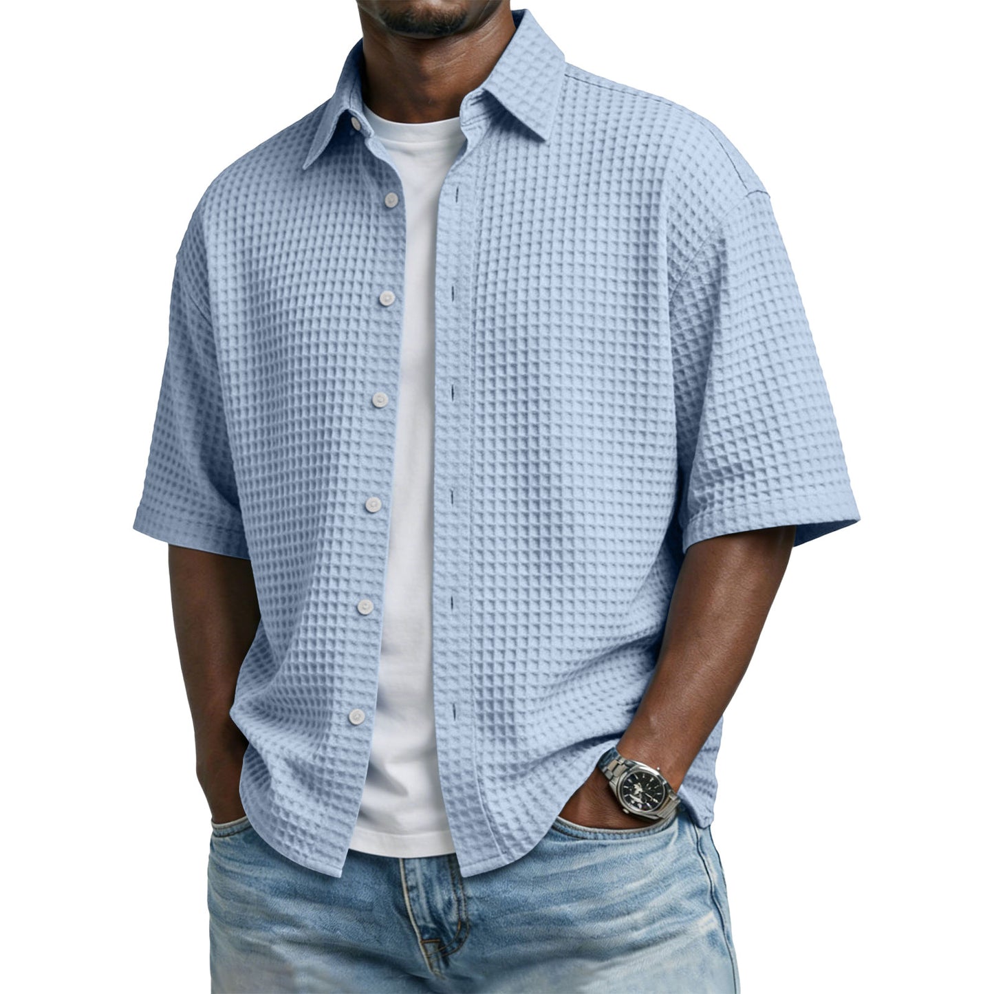 Men's Solid-Colored Waffle-Weave T-Shirt With Lapel Collar by null