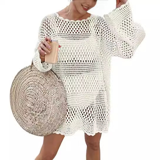 Buy Woven Round Neck Hollow Beach Cover-up Loose Casual Sweater online at DLC Market