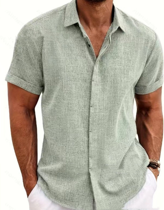 Men's Solid Color Loose Linen Short-sleeved T-shirt by null