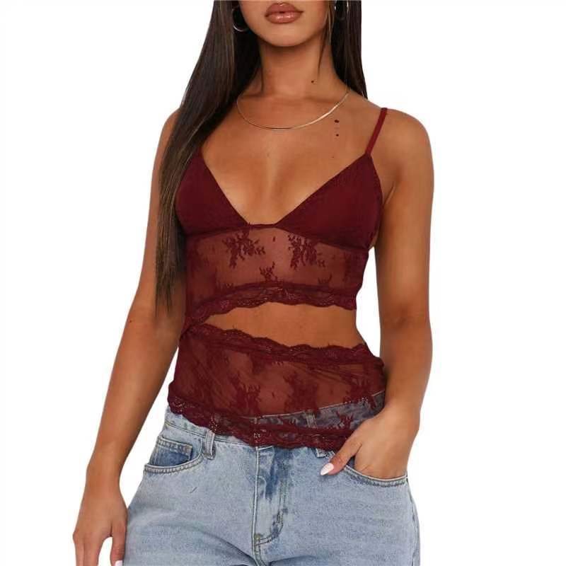 Lace Stitched Backless Small Sling Women V Neck Tank Top Underwear Vest Candy Color Bralette Clothes by null