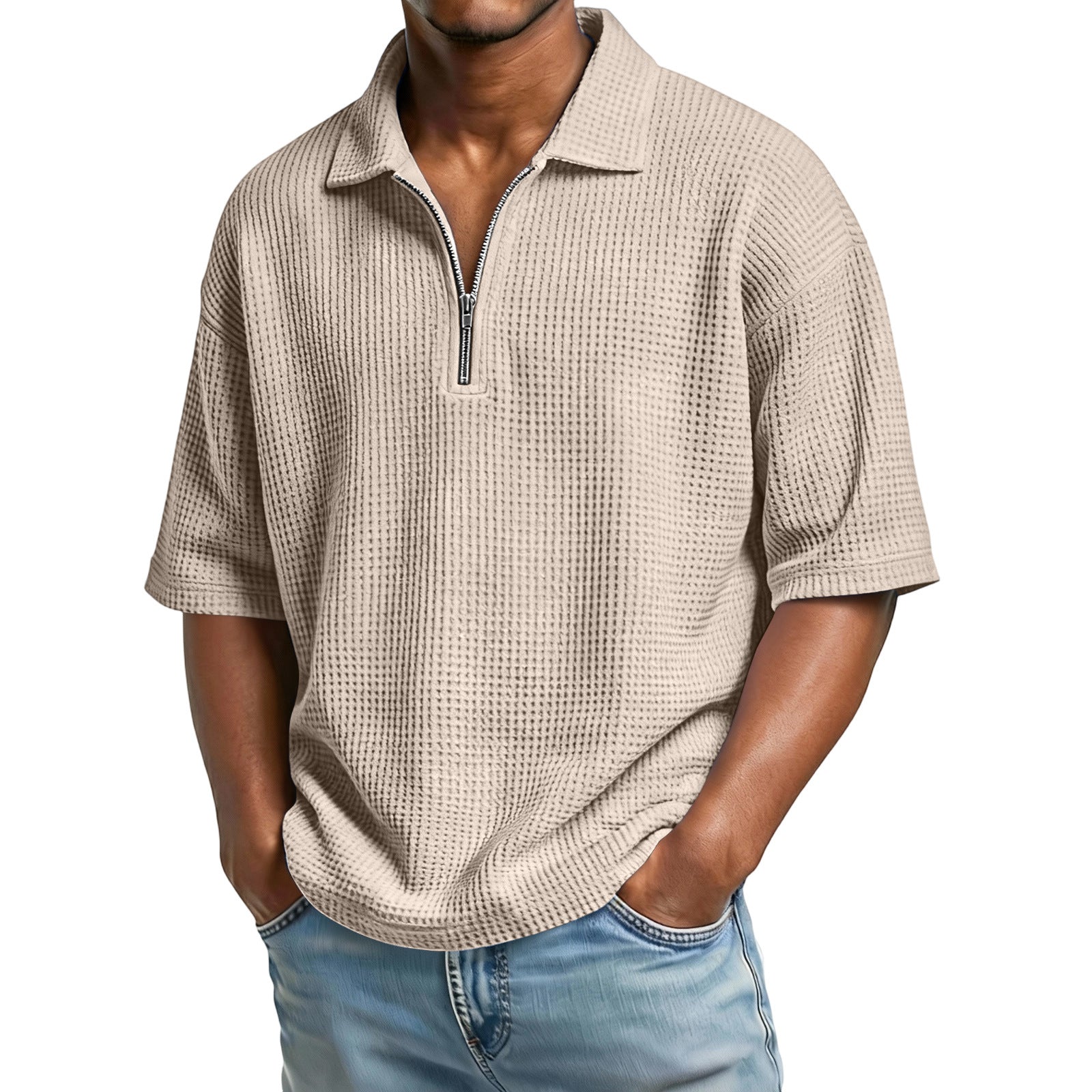 Men's Waffle-Weave Short-Sleeved Shirts Summer Solid Color Lapel Polo Shirt T-Shirt Beach Style Tops by null