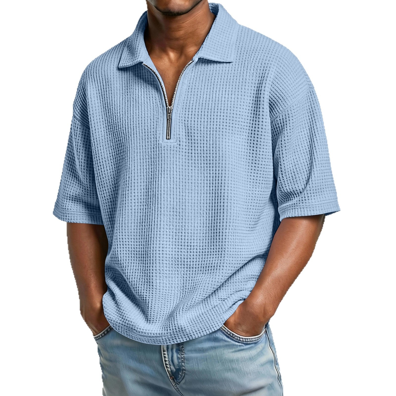 Men's Waffle-Weave Short-Sleeved Shirts Summer Solid Color Lapel Polo Shirt T-Shirt Beach Style Tops by null