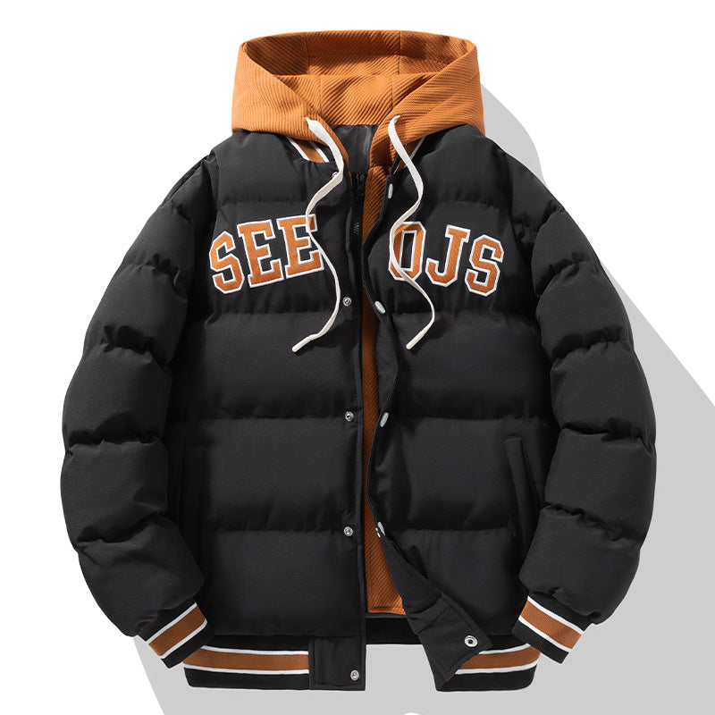 Fashion Letter Hooded Cotton Coat Winter Warm Solid Zipper Jacket For Men Teenagers Clothing by null