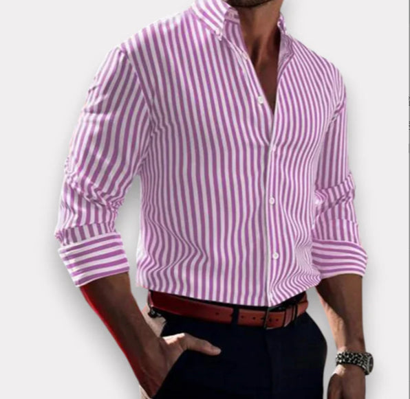 Ins Stripe Printed Long Sleeve Shirt Men Fashion Casual Lapel Button Top Clothing by null